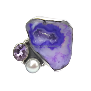 Anillo de piedras preciosas de perla de amatista de Geods púrpura Anillo de Plata de Ley 925 Anillo de moda Chapado en plata clásica para regalo de boda. - Product Image 6