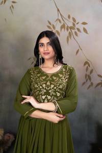 Mehndi Colour Design Faux Georgette Embroidery Evening <b>Night</b> Party Special V Neck Long Length Fancy Kurti Set At Wholesale - Product Image 6