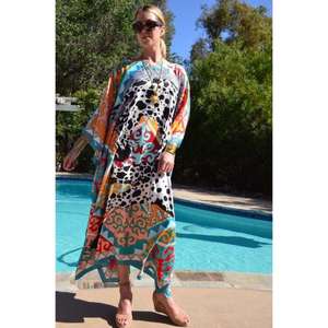 Women Multicolor Printed Kaftan Maxi <b>Dress</b> Long Sleeve Loose Fit Beach Cover Up Luxury Resort Wear Kaftan - Product Image 1