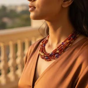 สร้อยคอลูกปัดคาร์เนเลียนหลายเส้นประดับเพชรชุบทอง สไตล์เครื่องประดับทางศาสนาทันสมัยสำหรับผู้หญิง - Product Image 1