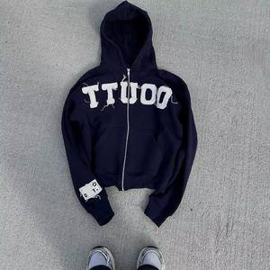 Custom Manufacturer 100% Cotton <b>Fleece</b> Distressed Embroidery Hoodie for <b>Men</b> Zipper Style with Hooded Collar Comfortable - Product Image 6