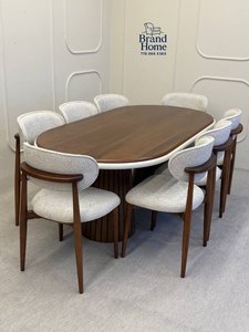 ชุดโต๊ะรับประทานอาหารทรงวงรีสไตล์โมเดิร์นยุคกลาง ยี่ห้อ Brand Home พร้อมเก้าอี้ 8 ตัว ดีไซน์ไม้เนื้อแข็ง รับประกัน 3 ปี สีขาว สำหรับห้องครัวทันสมัย - Product Image 1