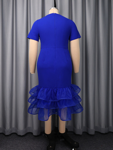 Robe de soirée bleue sirène à col en V, manches courtes, volants superposés pour femme ADR060242 - Product Image 6
