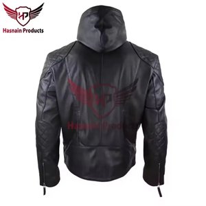 <b>Mens</b> Real <b>Black</b> Leather Hooded Jacket Quilted Shoulder Biker Motorcycle Cowhide Coat Custom Classic Winter Warm Outwear Style - Product Image 3