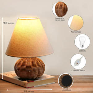 Boho Style Rattan Bamboo Woven <b>Wicker</b> Table <b>Lamp</b> Handmade Farmhouse Decor Dimmable LED for Bedroom & Home - Product Image 3