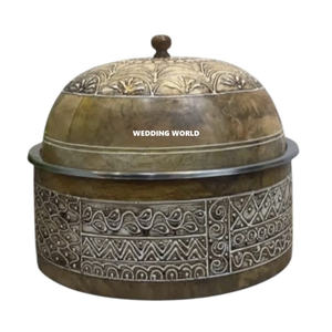 Juego de dos cazuelas de metal con acabado de cobre de forma redonda, calentador de alimentos de metal elegante hecho a mano de alta calidad al por mayor - Product Image 4