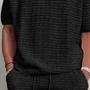 Vente en gros de t-shirts à manches courtes en tricot respirant de couleur unie pour hommes, costume pour printemps automne décontracté, 2 pièces, vacances de sport - Product Image 4