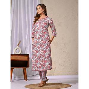 ชุดคุรตะผ้าฝ้ายสีขาวพร้อมกางเกงขายาว แขนสามส่วน ลายพิมพ์บล็อก เหมาะสำหรับใส่ในชีวิตประจำวัน - Product Image 3