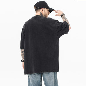 T-shirt pour homme en coton tissé sur mesure, délavé à l'acide, style streetwear - Noir, impression sérigraphique de haute qualité - Product Image 3