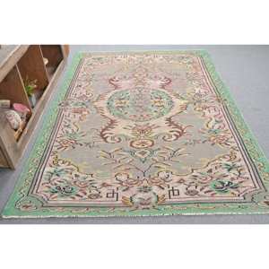 Tapis traditionnel en laine vert rose 5.6x8.4 pieds Vintage turc Aubusson Design Patchwork motif pour salon décor 9x12 Latex - Product Image 3