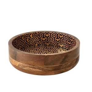 Fascinante tazón de madera artesanal para servir, con interior esmaltado con diseño de panal de abeja en negro y dorado, adorno de mesa. - Product Image 1