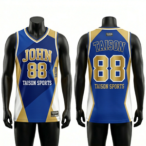 เสื้อบาสเก็ตบอลชาย 180 GSM ผ้าโพลีเอสเตอร์ตาข่ายระบายอากาศ สีน้ำเงิน ทอง ขาว ดีไซน์แผงสี  แบบซับลิเมชั่น  โลโก้สั่งทำได้ ทรงแอธเลติก - Product Image 1