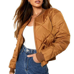 Gran oferta, chaqueta acolchada de satén de Invierno para mujer, chaqueta universitaria de bombardero de satén con cremallera y cuello de pico para mujer, tarifa al por mayor - Product Image 1