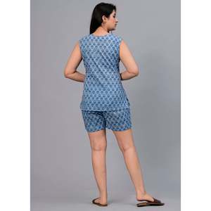 Women's Blue Printed Leisure Wear Night Suit with <b>Elastic</b> Waist Custom Logo Soft Woven Fabric for Home Use - Product Image 4