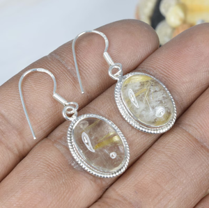 Haute qualité 925 en argent Sterling crochet boucle d'oreille doré rutile juillet pierre de naissance à la main forme ovale bijoux pour cadeau - Product Image 1