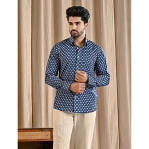 Chemise décontractée bleue 100% coton imprimée à manches longues, tissu popeline respirant, motif floral et à pois, taille 6XL, offre ODM - Product Image 3