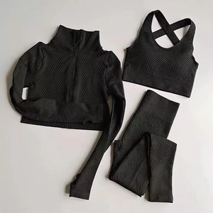 3 Piece High Waist Gym Yoga Set Solid Pattern Sports <b>Bra</b> and Leggings with Elastic Closure Compression Yoga Wear - Product Image 3