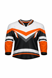 Jersey de Hockey sobre Hielo para Hombre, Negro con Rayas Naranjas, Manga Tres Cuartos, Cuello en V, Absorbe la Humedad, Sublimado - Product Image 1