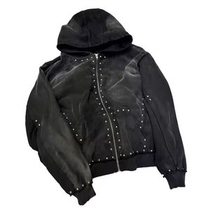 New <b>Trendy</b> Sun Faded Zipper French Terry Streetwear Acid Wash 500gsm <b>Hoodies</b> Men Zip up Heavyweight Rhinestone Custom <b>Hoodies</b> - Product Image 3