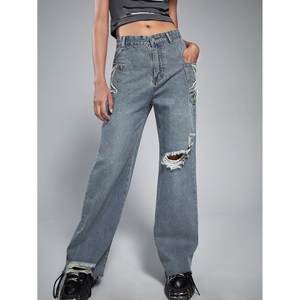 Customised <b>Ladies</b> Baggy Style Straight Leg Jeans <b>Pant</b> Bangladesh Cotton Branded Dark Loose Denim Trousers Embroidery Breathable - Product Image 1