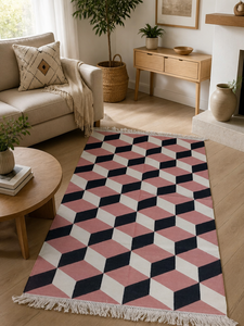 Handcrafted Pink Black 3D Geometric Block Long Hallway Runner Cotton Kilim Rug Flatweave Floor <b>Mat</b> with Tassels - Product Image 1