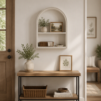 Étagère murale arquée perlée en bois blanc, étagère de présentation murale à 2 niveaux, support de rangement, décoration de maison de style ferme pour la décoration murale