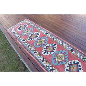 Vintage Turkish <b>Wool</b> Rug 2.6x7.7 ft (79x236 Cm) Eco-Friendly Patchwork Design with <b>Red</b> and Blue Plants & Trees Latex Backing - Product Image 3