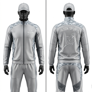 Ensemble de survêtement de badminton pour hommes, tissu tricoté 290 GSM, gris argenté, panneaux latéraux camouflage, broderie personnalisée, logo imprimé, vêtements de sport pour hommes - Product Image 1