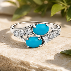 <b>Turquoise</b> 925 Sterling Silver Luxury Unisex <b>Ring</b> with Twin Oval Cabochons in Bezel Setting for Wedding/Party/Gift - Product Image 3