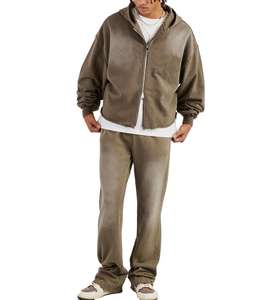 Survêtement à capuche délavé à l'acide en coton/polyester avec fermeture éclair intégrale pour hommes vintage personnalisé avec impression bouffante en strass pour survêtement d'hiver - Product Image 5