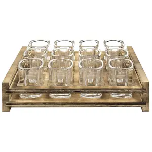 Best selling High Quality Handmade Pine Wood 12 Square Shot Glass Holder Tray Wood Slotted Server Tray For Wholesale Buyers