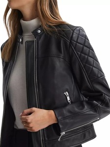 Veste en cuir véritable pour dames Veste décontractée à fermeture éclair noire matelassée sans col Veste personnalisée respirante MS-LJ-0076 - Product Image 6