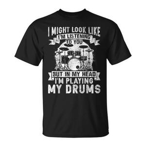 T-shirt da donna con stampa grafica a tema batterista, promozionale, con la scritta 'In My Head I'm Playing My Drums' - Product Image 1