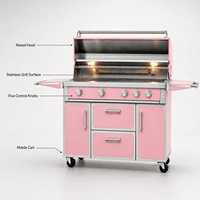 Barbecue à gaz rose en acier inoxydable, cuisinière d'extérieur à 5 brûleurs, chariot mobile avec étagères latérales et tiroirs de rangement