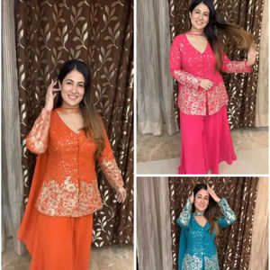 Celebridad inspirado Georgette Sharara traje cuello bordado espejo trabajo Duptta fiesta Walima indio pakistaní celebraciones ropa - Product Image 1