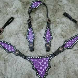 ชุดอุปกรณ์ม้าตะวันตกหนังแท้คุณภาพสูง ดีไซน์ทันสมัย ปรับแต่งได้ พร้อมลายพิมพ์ตกแต่งที่บังเหียนและสายรัดอก ตัวล็อคแบบหัวเข็มขัด ป้องกันสนิม - Product Image 2