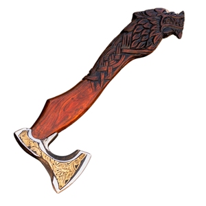 Hacha vikinga hecha a mano y cabeza de lobo tallada, hacha inspirada en la mitología nórdica, hoja de acero al carbono grabada, regalo para él. - Product Image 1