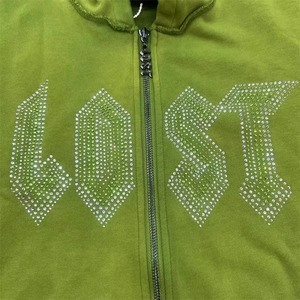 Sweat à capuche zippé pour homme, 100% coton molletonné, 300 grammes, délavé soleil, coupe courte, avec strass personnalisés, effet délavé à l'acide, haute qualité - Product Image 2