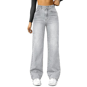 กางเกงยีนส์ขาตรงเอวสูงขากว้างทรงหลวมสำหรับผู้หญิงกางเกงยีนส์สไตล์วินเทจยืดได้โลโก้ออกแบบได้ตามต้องการ - Product Image 5