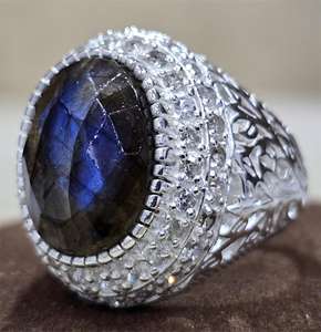 Bague en argent allemand plaqué or vermeil, qualité excellente, faite à la main, design ovale, pierre précieuse labradorite de coupe raffinée, classique - Product Image 5