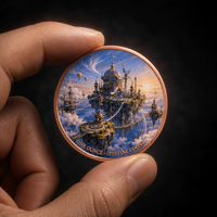 Pièce de monnaie ronde personnalisée de 1 OZ en cuivre fin 999, imprimée UV double face, thème Steampunk Île Flottante, Dirigeable, Éolienne, Ciel Fantastique, Cadeau