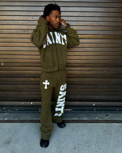 Chándal con apliques bordados desgastados para hombre, chándal lavado con ácido de Terry francés, conjunto de pantalones de chándal sueltos de invierno y Sudadera con capucha - Product Image 1