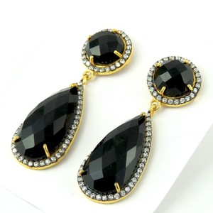 Round Pear Black <b>Onyx</b> White CZ Bohemian Huggie <b>Earrings</b> 925 Sterling Silver Jewelry for Wedding & Anniversary - Product Image 3