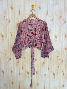 Handmade Recycled Silk Sari Crop Top with Embroidery Bell Sleeve <b>Tie</b> Dye Design Vintage Floral Style for Winter Summer & Autumn - Product Image 4