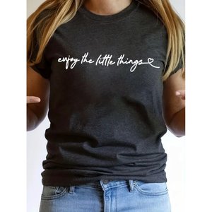 Blusa básica de viscosa con estampado de letras en la parte delantera y manga corta para mujer, 34469 - Negro - Product Image 5