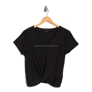 Colección Verano 2024: Camiseta Casual de Gasa para Mujer con Cuello Redondo, Manga Corta, Transpirable, con Ajuste Lateral y Diseño Cruzado Falso - Product Image 1