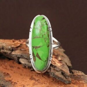 แหวนทองแดงเทอร์ควอยส์ทำด้วยมือพลอยเจียระไนทรงรีสีเงิน925ทองแดงดีไซน์คลาสสิก - Product Image 1