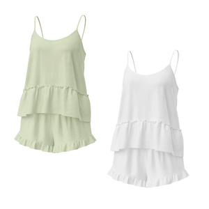 Nuevo Conjunto de Camisola y Pantalones Cortos de Punto Acanalado con Cintura Elástica y Volantes para Mujer, Elegante Ropa de Dormir Informal de Satén - Product Image 1