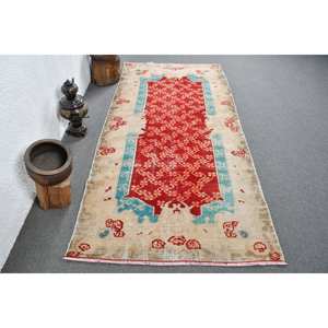 Vintage Turkish <b>Rug</b> Red Blue Patchwork Design 3.8 X 8 ft <b>Boho</b> Style Large Area Wool Area <b>Rug</b> for Hallway Bedroom Latex Backing - Product Image 1