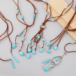 Set perhiasan BOHO baru Sweater perak antik batu penyembuhan liontin pirus anting kalung untuk wanita gadis Set perhiasan